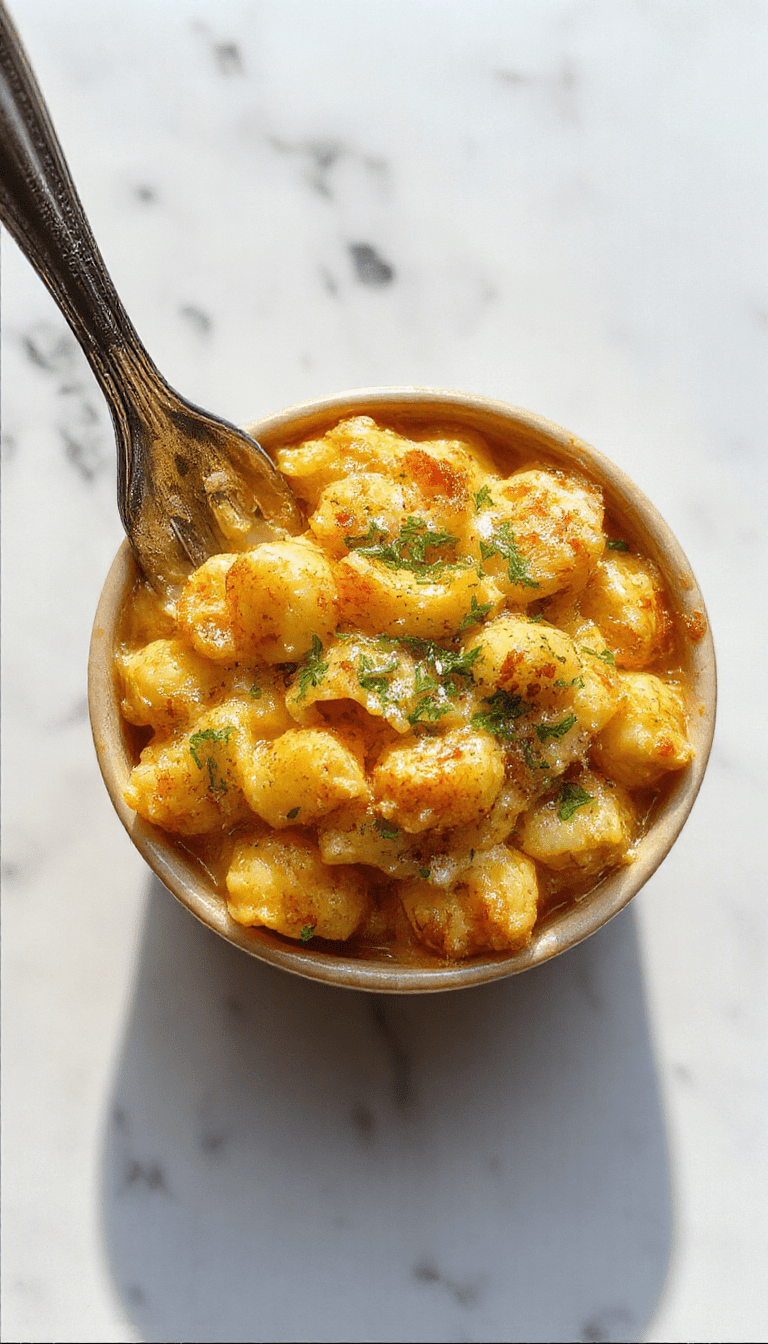 A vibrant plate of creamy vegan mac and cheese with a bright yellow cheese sauce drizzled over curly pasta, garnished with fresh herbs. The dish is served in a rustic white bowl on a wooden table, with a fork resting beside it, highlighting its rich, cheesy texture and inviting presentation.