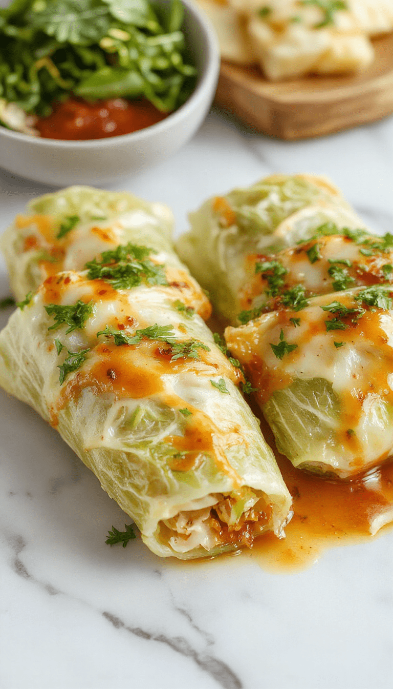 Colorful image featuring neatly rolled cabbage wraps on a white plate garnished with fresh herbs, showcasing the tender cabbage leaves filled with seasoned meat and rice, with a side of vibrant vegetables and a drizzle of sauce, styled simply for a homely appeal.
