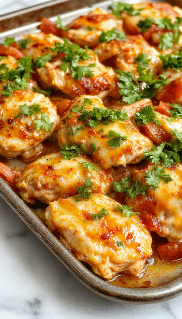 Colorful sheet pan chicken fajitas featuring sliced red and green bell peppers, onions, seasoned chicken strips, and melted cheese on a rustic baking sheet, garnished with fresh cilantro, vibrant and inviting presentation emphasizing textures and spice.