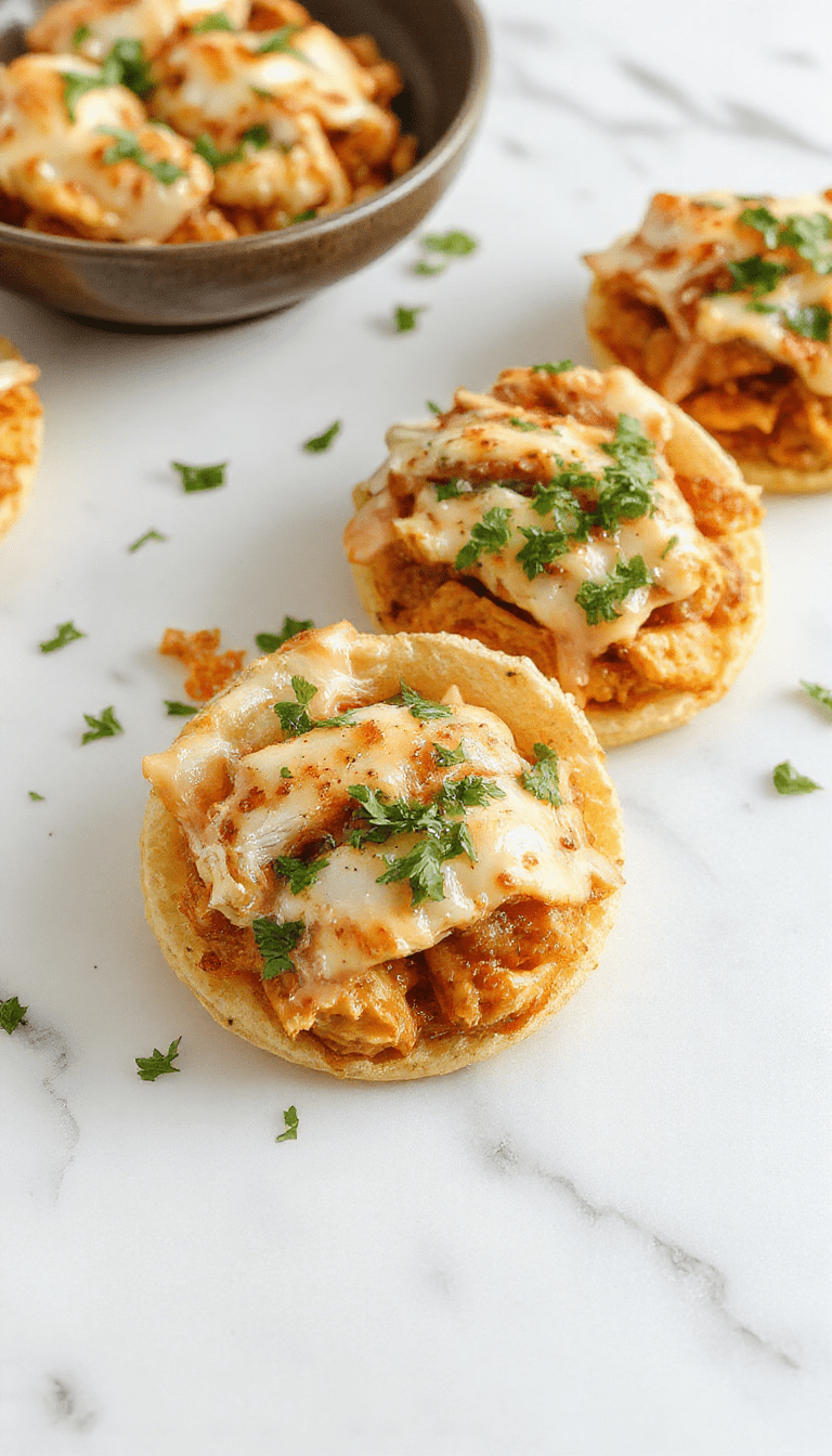 Colorful mini baked chicken tacos plated on a rustic wooden surface featuring golden crispy taco shells filled with tender chicken, fresh lettuce, vibrant tomato salsa, and melted cheese, garnished with cilantro sprigs.