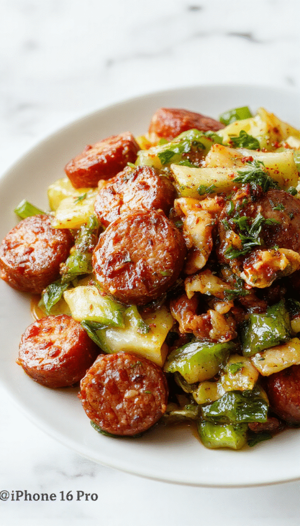 A colorful stir fry plate featuring slices of golden-brown sausage intertwined with vibrant green cabbage and red bell peppers, slightly glazed with savory sauce, garnished with sesame seeds and chopped green onions, served on a rustic wooden table