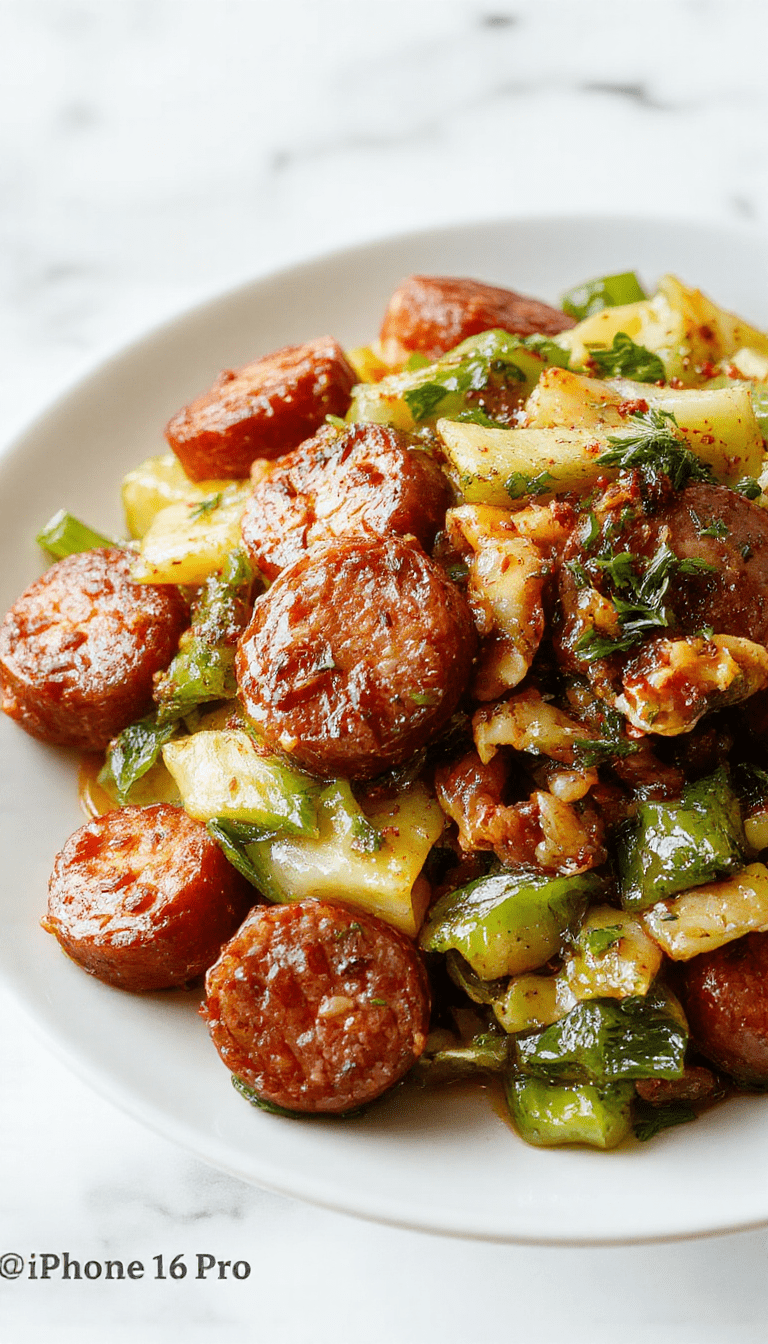 A colorful stir fry plate featuring slices of golden-brown sausage intertwined with vibrant green cabbage and red bell peppers, slightly glazed with savory sauce, garnished with sesame seeds and chopped green onions, served on a rustic wooden table