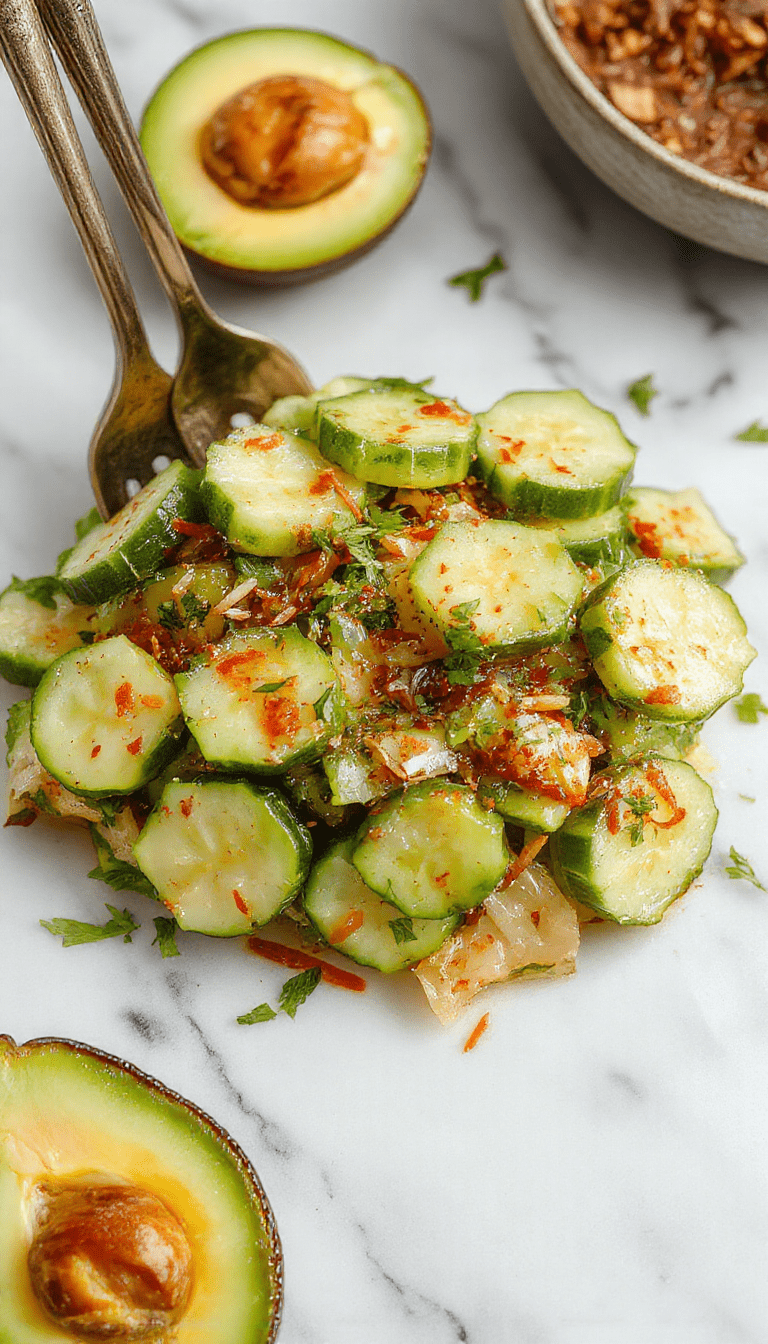 A vibrant Asian cucumber salad served in a white bowl, featuring thinly sliced crisp cucumbers coated in a glossy tangy dressing, garnished with chopped herbs and sesame seeds, with colorful vegetables and a light Asian-inspired aesthetic.