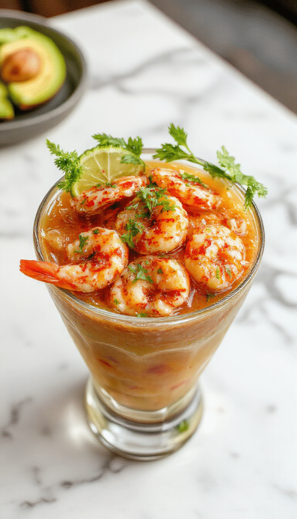 A vibrant glass bowl filled with bright orange and pink shrimp cocktail, topped with chopped cilantro and sliced lime wedges, garnished with fresh diced tomatoes, and served on a colorful plate. The textures appear juicy and succulent with a hint of freshness, accentuated by a drizzle of spicy cocktail sauce, all styled beautifully with fresh herbs and citrus for an inviting presentation.