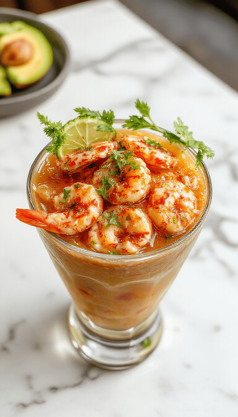 A vibrant glass bowl filled with bright orange and pink shrimp cocktail, topped with chopped cilantro and sliced lime wedges, garnished with fresh diced tomatoes, and served on a colorful plate. The textures appear juicy and succulent with a hint of freshness, accentuated by a drizzle of spicy cocktail sauce, all styled beautifully with fresh herbs and citrus for an inviting presentation.