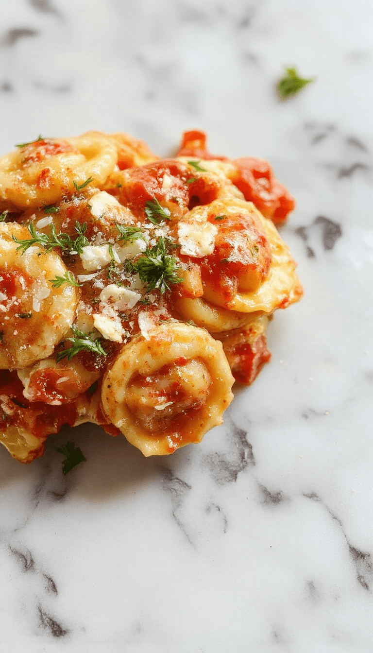 A vibrant plate of golden cheese-filled tortellini elegantly arranged on a white ceramic dish, garnished with fresh basil leaves and drizzled with a light olive oil sauce. The dish is styled with colorful cherry tomatoes and grated Parmesan cheese, showcasing glossy textures and inviting presentation.