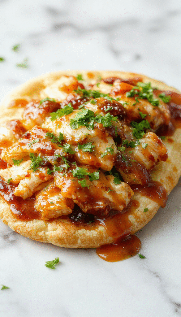 A vibrant flatbread topped with shredded BBQ chicken, melted cheese, chopped cilantro, and red onion slices vibrant against a rustic wooden background, garnished with fresh herbs and drizzled with barbecue sauce, showcasing crispy edges and tender toppings.