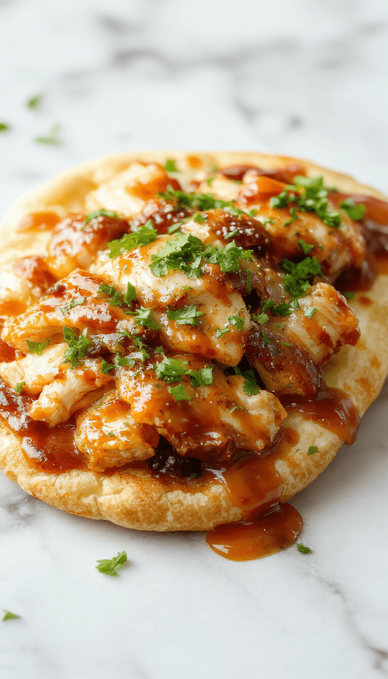 A vibrant flatbread topped with shredded BBQ chicken, melted cheese, chopped cilantro, and red onion slices vibrant against a rustic wooden background, garnished with fresh herbs and drizzled with barbecue sauce, showcasing crispy edges and tender toppings.