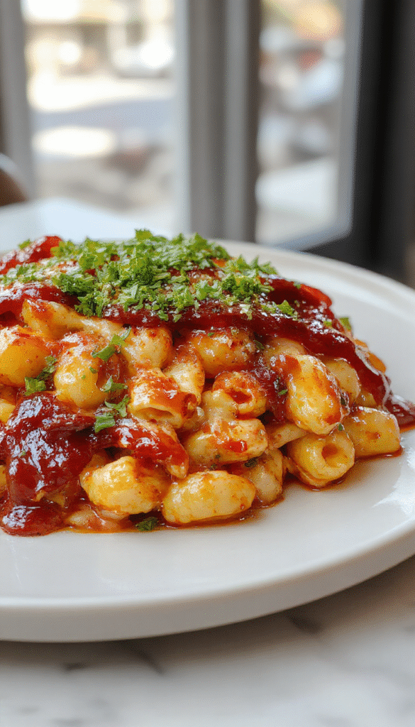 A vibrant bowl of BBQ chicken mac and cheese featuring golden baked pasta topped with shredded cheese, grilled BBQ chicken slices, and fresh green herbs. The dish is styled on a rustic wooden table with a fork for serving, showcasing a creamy, cheesy texture with smoky grilled chicken pieces and colorful garnishes.