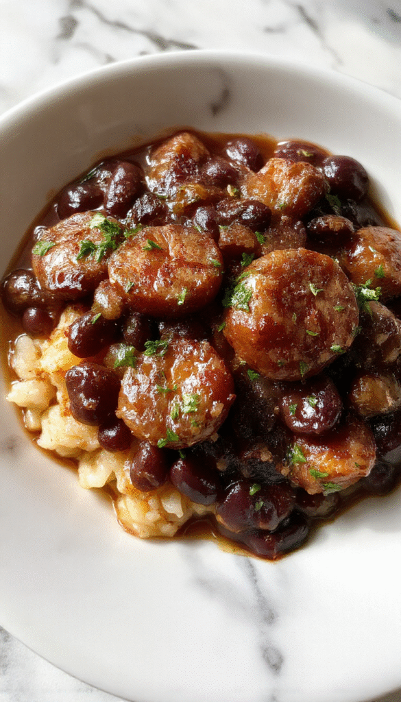 A vibrant plate of black beans and rice topped with sliced golden-brown sausage, garnished with fresh herbs and served on a rustic wooden table, showcasing the rich textures and steaming hot appeal of the dish.