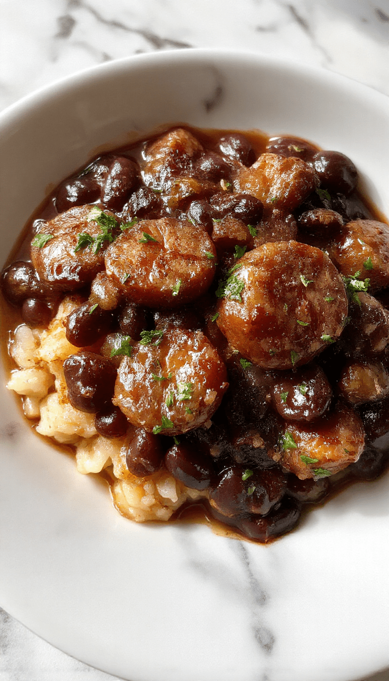 A vibrant plate of black beans and rice topped with sliced golden-brown sausage, garnished with fresh herbs and served on a rustic wooden table, showcasing the rich textures and steaming hot appeal of the dish.