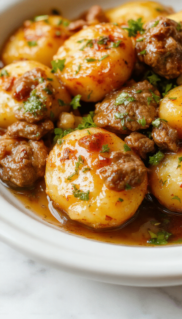A rustic white plate featuring tender beef bites coated in glossy garlic butter sauce, served alongside roasted golden potatoes and fresh herbs, all presented on a wooden surface with a sprig of parsley for garnish, steam gently rising to evoke a warm, inviting meal.
