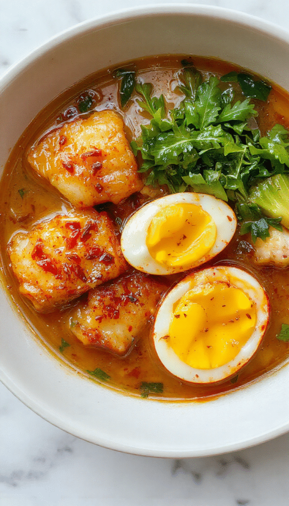 A vibrant ramen bowl featuring a rich broth topped with soft-boiled eggs with runny yolks, colorful fresh greens, tender dumplings, and sliced scallions, all beautifully arranged on a dark ceramic plate, highlighting the contrasting textures and bright colors.