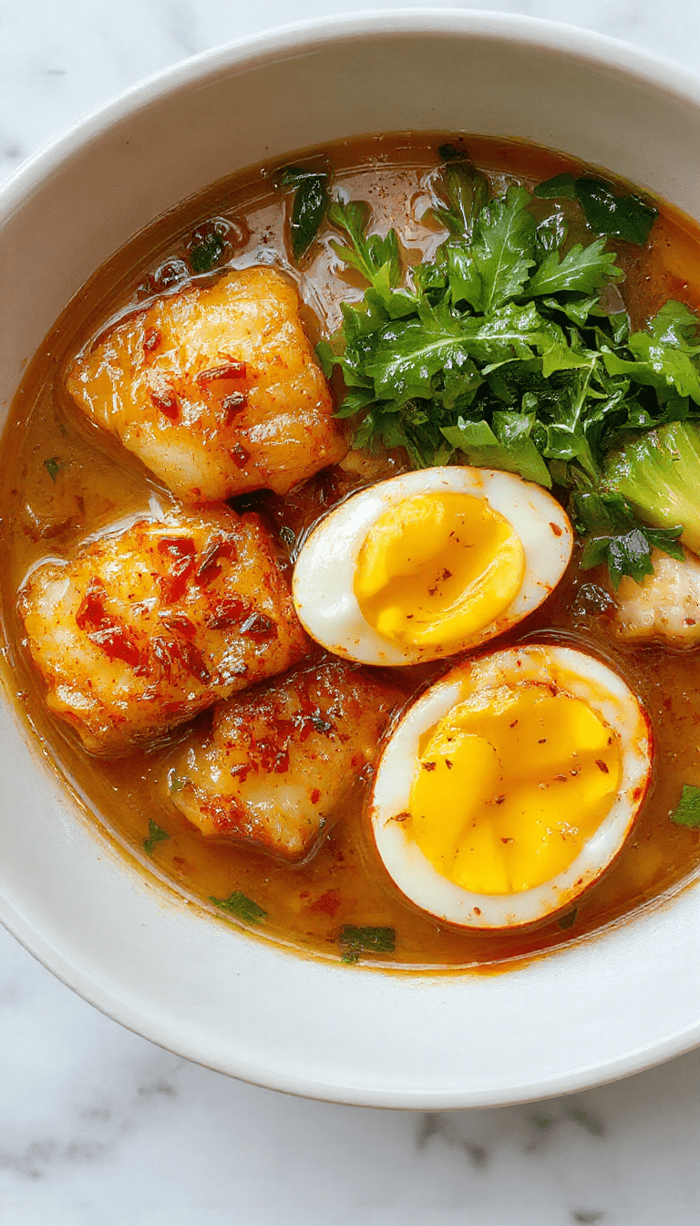 A vibrant ramen bowl featuring a rich broth topped with soft-boiled eggs with runny yolks, colorful fresh greens, tender dumplings, and sliced scallions, all beautifully arranged on a dark ceramic plate, highlighting the contrasting textures and bright colors.