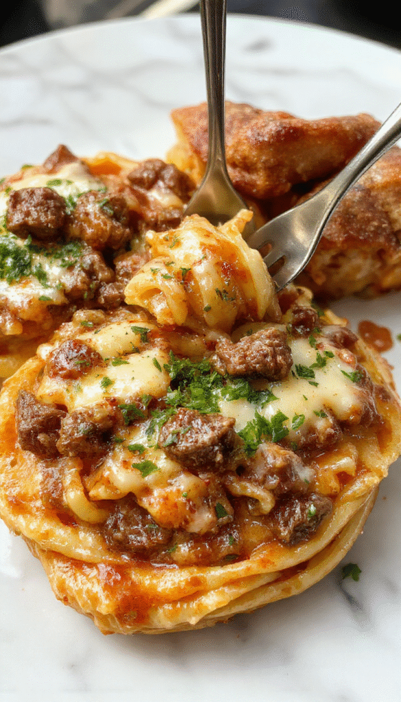 A vibrant plate of Philly cheese steak pasta featuring tender sliced beef, melted cheese, colorful bell peppers, and onions coated in a creamy sauce, served over al dente pasta and garnished with chopped parsley.