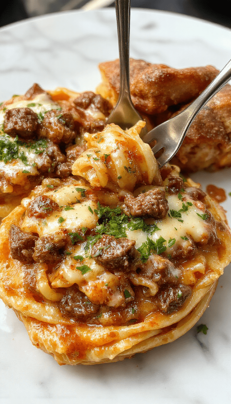 A vibrant plate of Philly cheese steak pasta featuring tender sliced beef, melted cheese, colorful bell peppers, and onions coated in a creamy sauce, served over al dente pasta and garnished with chopped parsley.
