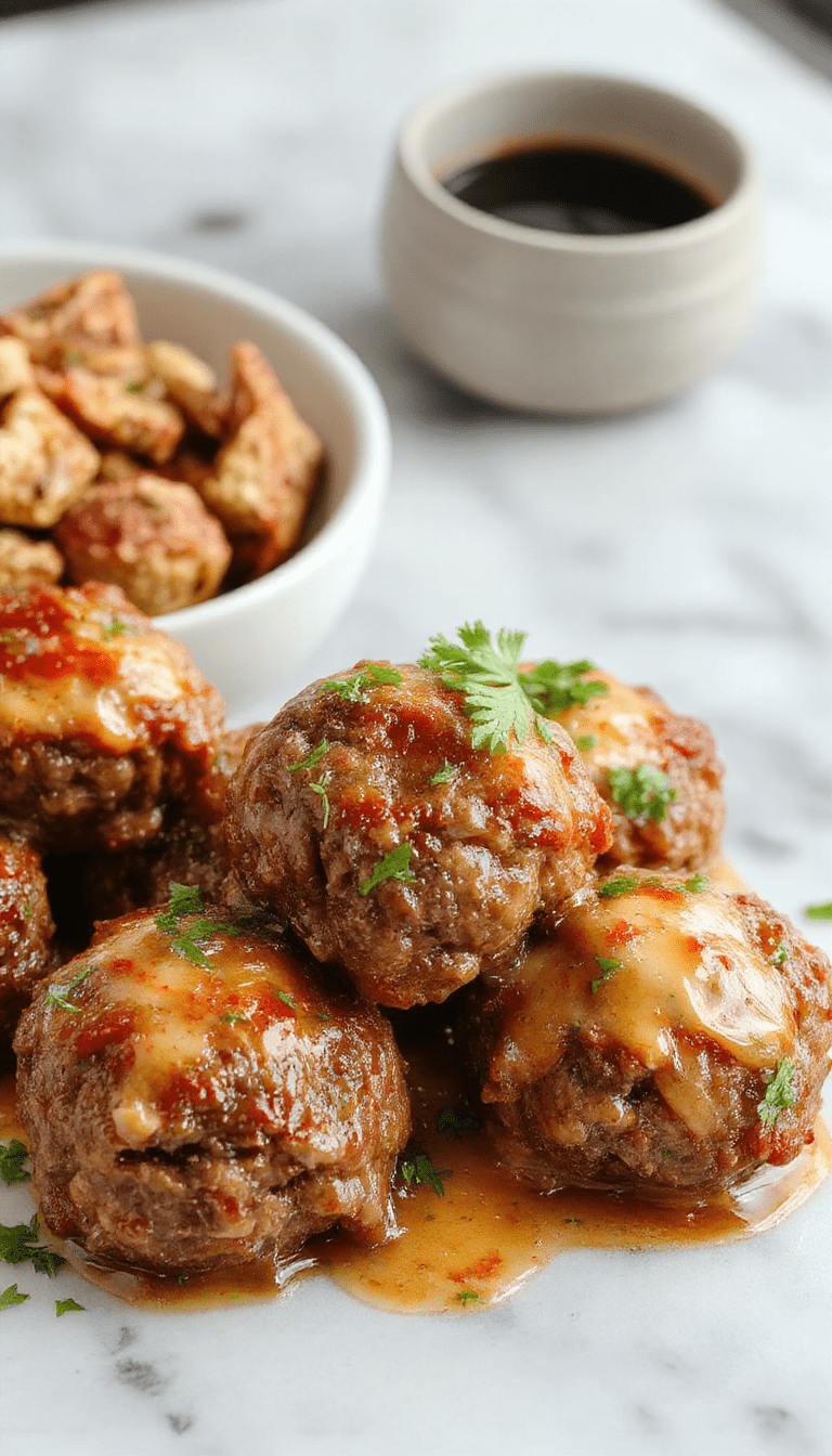 A vibrant plate featuring golden-brown Salisbury steak meatballs topped with rich gravy, garnished with fresh parsley, served alongside creamy mashed potatoes on a rustic wooden table with warm lighting