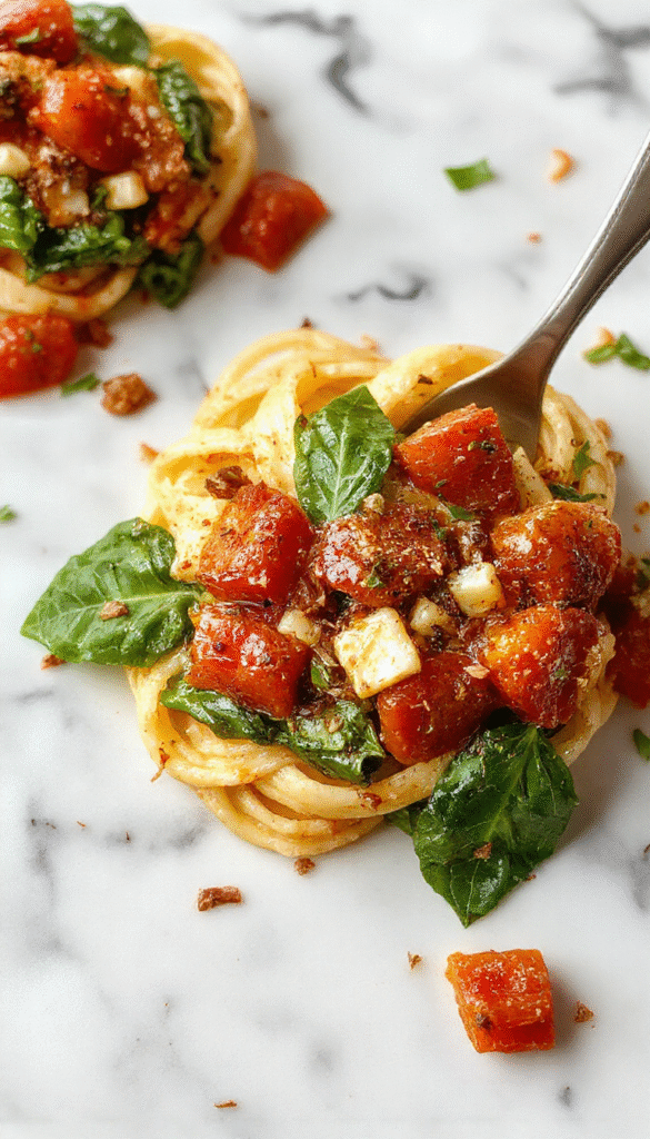 A vibrant plate of fresh spinach and ripe cherry tomatoes scattered over al dente pasta, garnished with grated cheese and basil leaves, styled on a rustic wooden table with natural lighting highlighting the bright greens and reds.