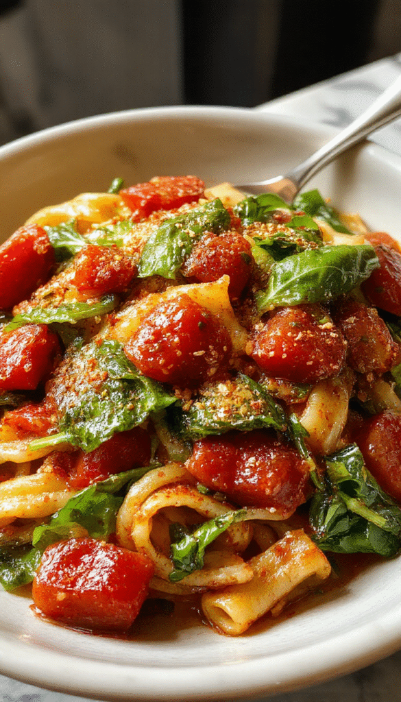 A vibrant plate of spinach and cherry tomatoes embedded in al dente pasta, garnished with fresh basil and grated cheese, with a drizzle of olive oil on a white ceramic plate.