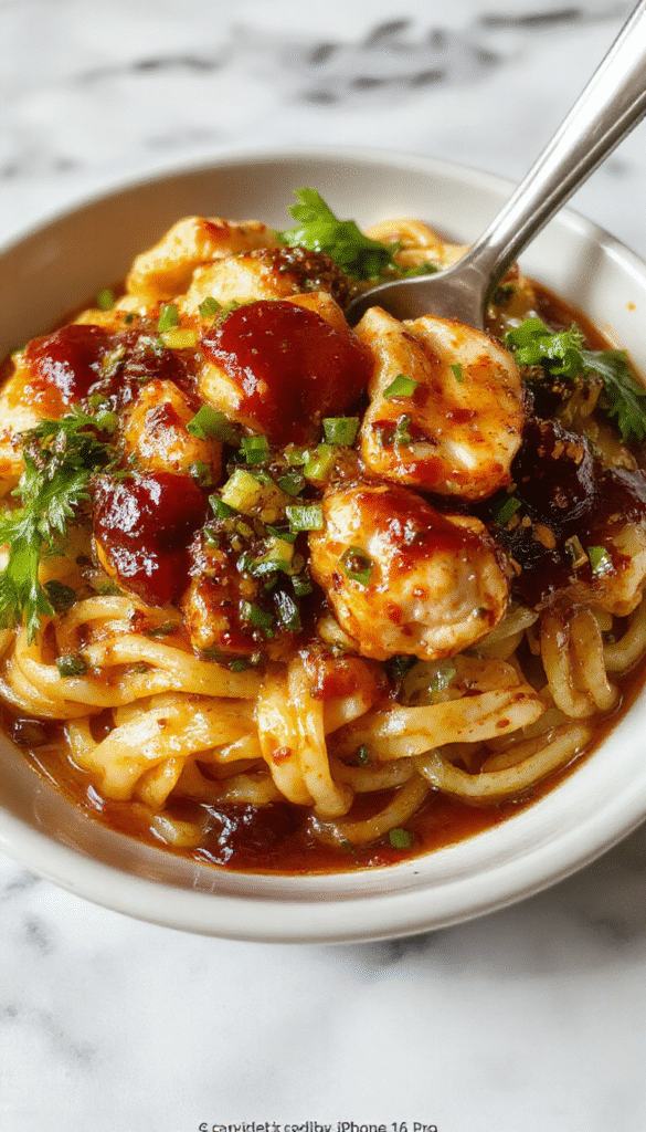 A vibrant plate of sticky garlic chicken noodles featuring tender sliced chicken coated in glossy garlic sauce, garnished with sesame seeds and chopped green onions, served over perfectly cooked noodles on a rustic wooden table with chopsticks indicating Asian-inspired cuisine.