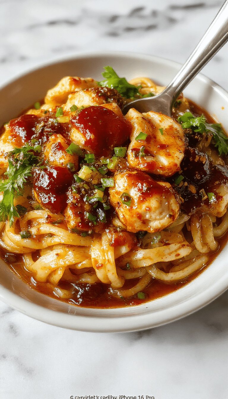 A vibrant plate of sticky garlic chicken noodles featuring tender sliced chicken coated in glossy garlic sauce, garnished with sesame seeds and chopped green onions, served over perfectly cooked noodles on a rustic wooden table with chopsticks indicating Asian-inspired cuisine.