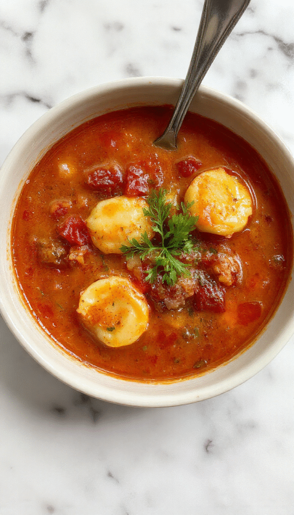 A vibrant bowl of tomato tortellini soup featuring colorful cherry tomatoes, plump tortellini, fresh basil leaves, and a rich red broth, garnished with grated Parmesan on a rustic wooden table.