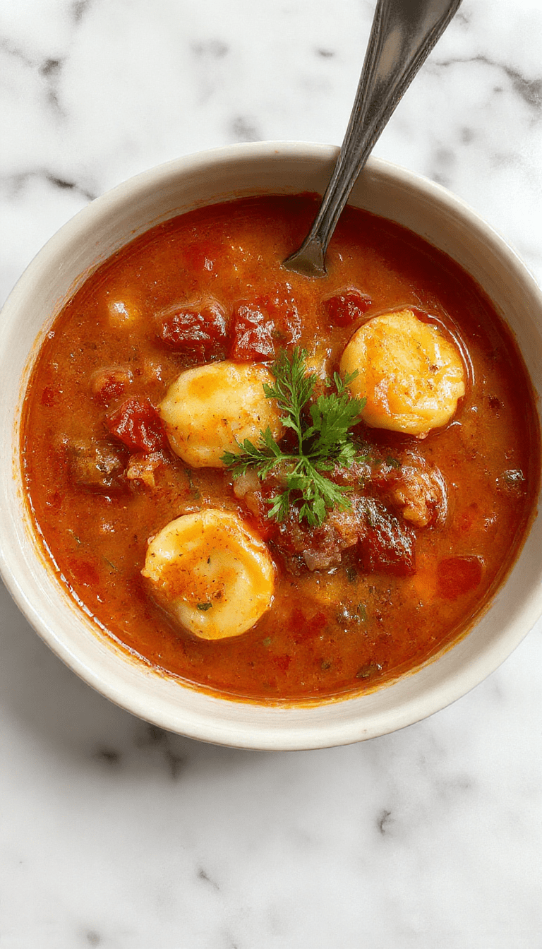 A vibrant bowl of tomato tortellini soup featuring colorful cherry tomatoes, plump tortellini, fresh basil leaves, and a rich red broth, garnished with grated Parmesan on a rustic wooden table.