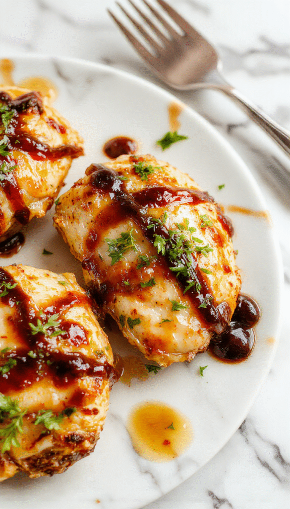 Colorful plated balsamic chicken dish featuring tender chicken breasts glazed with glossy balsamic reduction, garnished with fresh herbs, served alongside roasted vegetables on a white ceramic plate, styled on a rustic wooden table with natural lighting highlighting the savory textures and vibrant colors.
