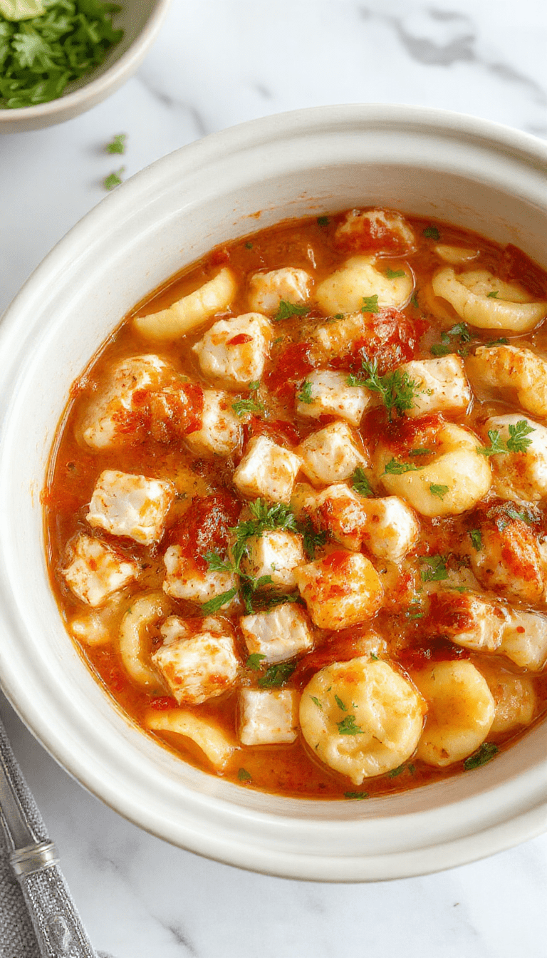 A colorful bowl of creamy chicken tortellini garnished with fresh herbs, served on a rustic wooden table. The dish features tender tortellini stuffed with cheese and chicken, coated in a rich, herbed sauce. The vibrant greens contrast beautifully with the cheesy pasta, creating an inviting and hearty presentation with a spoon resting on the side.