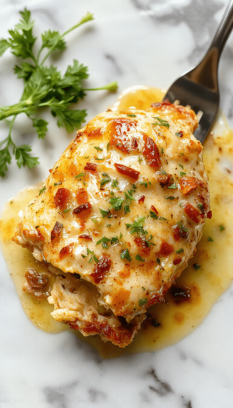 Colorful chicken casserole in a white ceramic dish topped with melted cheese and sprinkled with herbs. The casserole features tender shredded chicken, green vegetables, and creamy sauce, with a golden-brown crust around the edges. The dish is styled on a rustic wooden table with a side salad and fresh herbs, showcasing a warm and inviting homemade meal.