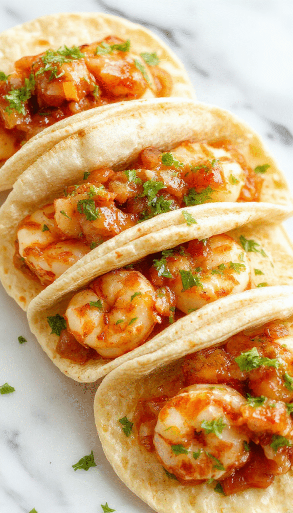 Colorful shrimp tacos arranged on a rustic wooden plate, topped with vibrant red and green salsa, sliced avocado, and fresh cilantro. The tacos are wrapped in soft corn tortillas, with crispy shrimp visible, garnished with lime wedges and a side of chopped vegetables, styled for a bright, inviting presentation.