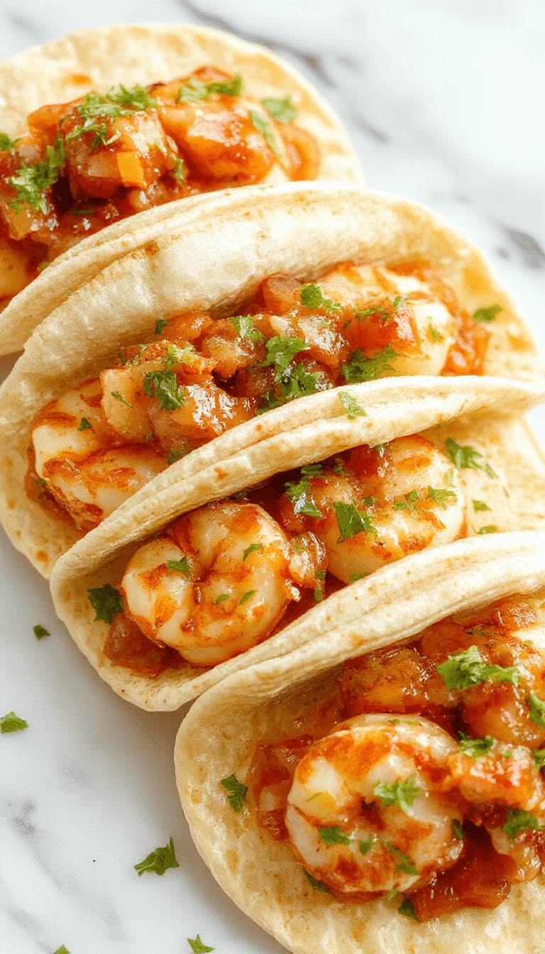Colorful shrimp tacos arranged on a rustic wooden plate, topped with vibrant red and green salsa, sliced avocado, and fresh cilantro. The tacos are wrapped in soft corn tortillas, with crispy shrimp visible, garnished with lime wedges and a side of chopped vegetables, styled for a bright, inviting presentation.
