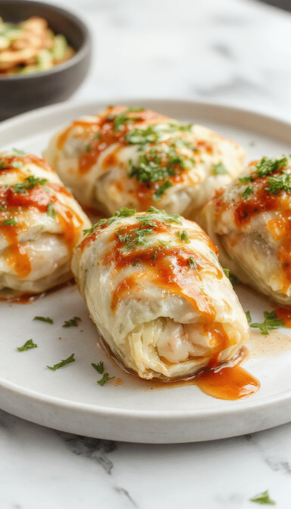 A vibrant plate featuring rolled cabbage leaves filled with seasoned meat and rice, garnished with fresh herbs. The rolls are neatly arranged on a rustic ceramic dish, showcasing their tender, glossy surface and bright green cabbage exterior contrasting with the savory filling inside.