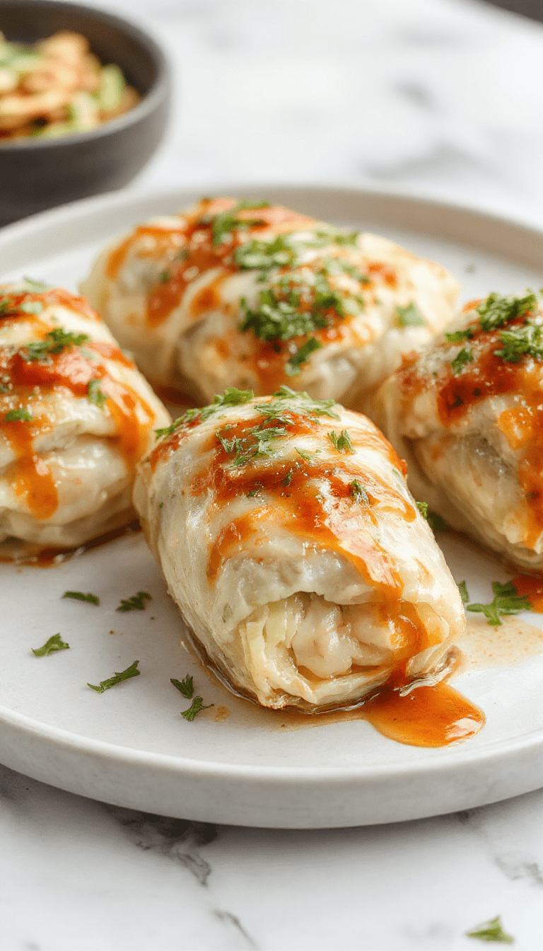 A vibrant plate featuring rolled cabbage leaves filled with seasoned meat and rice, garnished with fresh herbs. The rolls are neatly arranged on a rustic ceramic dish, showcasing their tender, glossy surface and bright green cabbage exterior contrasting with the savory filling inside.