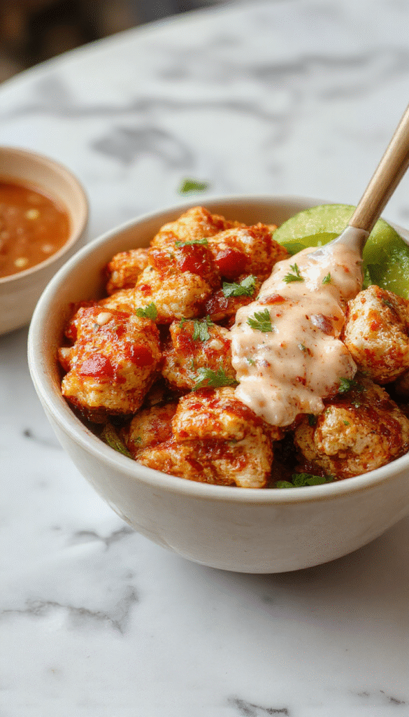 Colorful Bang Bang Chicken Bowl featuring tender crispy chicken pieces coated in a vibrant spicy sauce, served over a bed of fresh vegetables and rice, garnished with green onions and sesame seeds for an appetizing presentation.