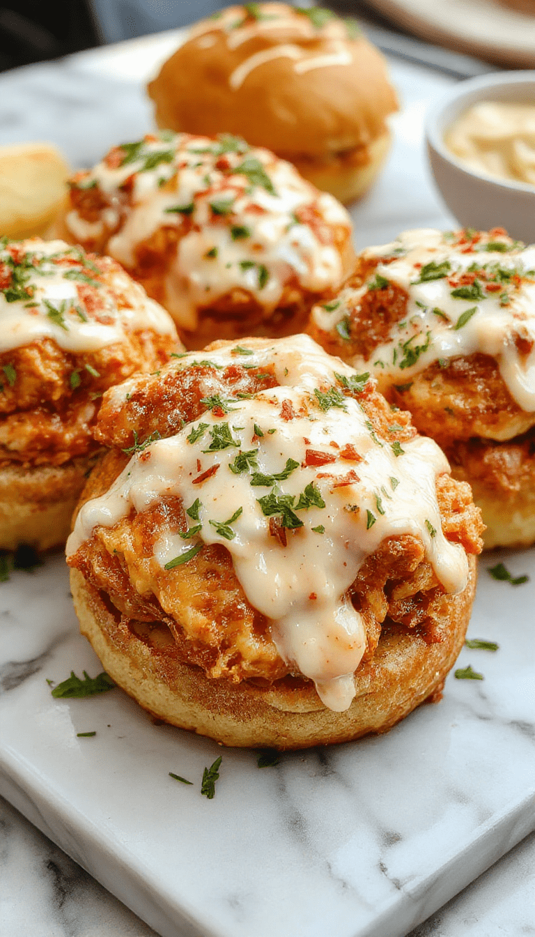 A close-up of vibrant buffalo chicken sliders arranged on a white platter. The sliders feature golden toasted buns filled with shredded chicken coated in bright orange buffalo sauce, topped with fresh green lettuce and creamy dressing. The textures highlight crispy buns, tender shredded chicken, and fresh garnishes, styled for a casual dining presentation with a hint of spiciness and freshness.