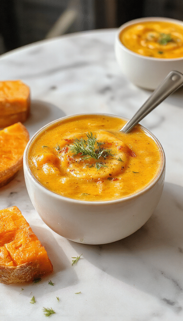 A vibrant bowl of spicy butternut squash and sweet potato soup topped with a swirl of coconut cream, garnished with fresh cilantro and red chili flakes, served alongside crusty bread on a rustic wooden table, highlighting the rich orange and deep red colors with a creamy-textured soup in a white bowl.