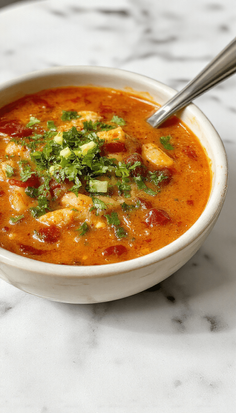 A vibrant bowl of chile relleno soup featuring roasted green peppers stuffed with melted cheese, topped with fresh cilantro and a drizzle of creamy sauce, surrounded by colorful ingredients on a rustic wooden table.