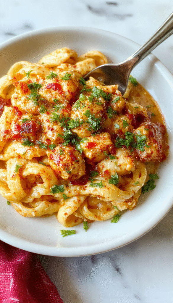 A vibrant plate of creamy Cajun chicken pasta featuring golden-brown chicken pieces coated in a rich, spicy sauce, garnished with fresh herbs and served on a white ceramic plate, with colorful bell peppers and pasta strands creating an appetizing scene.