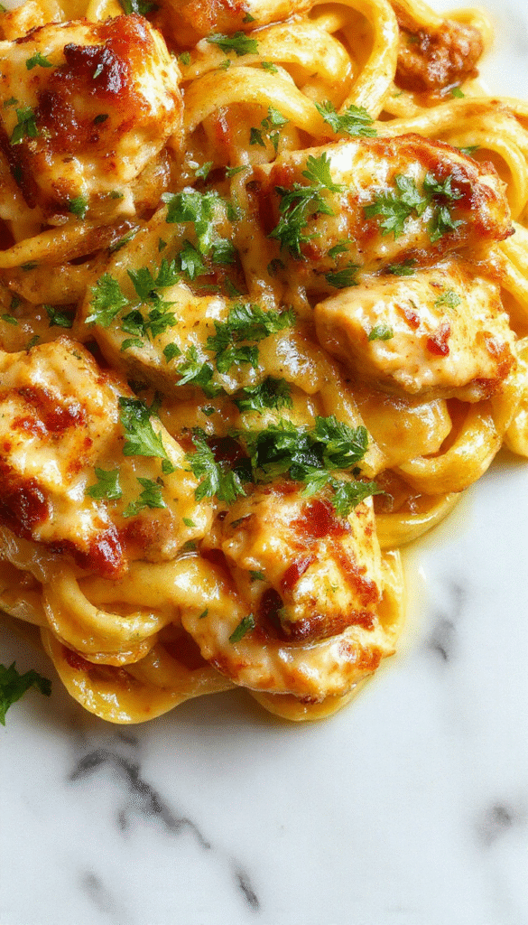 A vibrant plate of creamy Cajun chicken pasta featuring grilled chicken slices coated in a rich, spicy sauce, topped with fresh chopped parsley and sliced red bell peppers, served on a elegant white dish against a rustic wooden table with a sprinkle of Cajun spices around.
