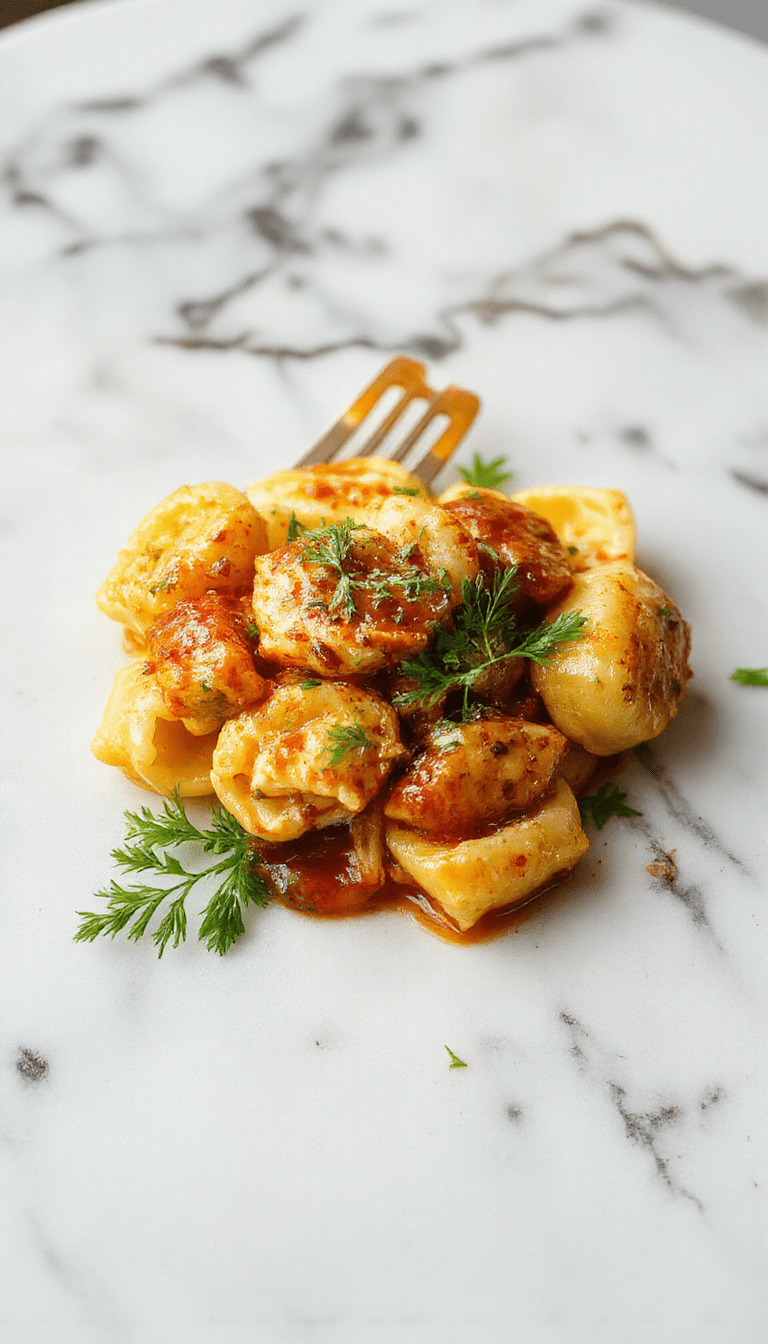 A vibrant plate of spicy garlic butter chicken tortellini garnished with fresh herbs. The tortellini are golden and coated in a glossy buttery sauce with red pepper flakes visible. The dish is plated on a rustic white bowl, with a sprig of parsley on top. The background features a wooden table and additional ingredients like garlic and herbs, enhancing the inviting, savory appeal.