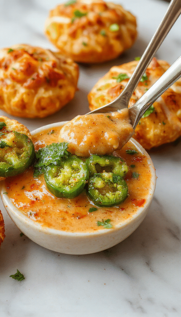 A vibrant bowl of jalapeno popper soup featuring a creamy texture with visible slices of fresh jalapenos, topped with shredded cheese and crispy bacon bits, garnished with chopped green onions and paprika, all on a rustic wooden table with a spoon beside it