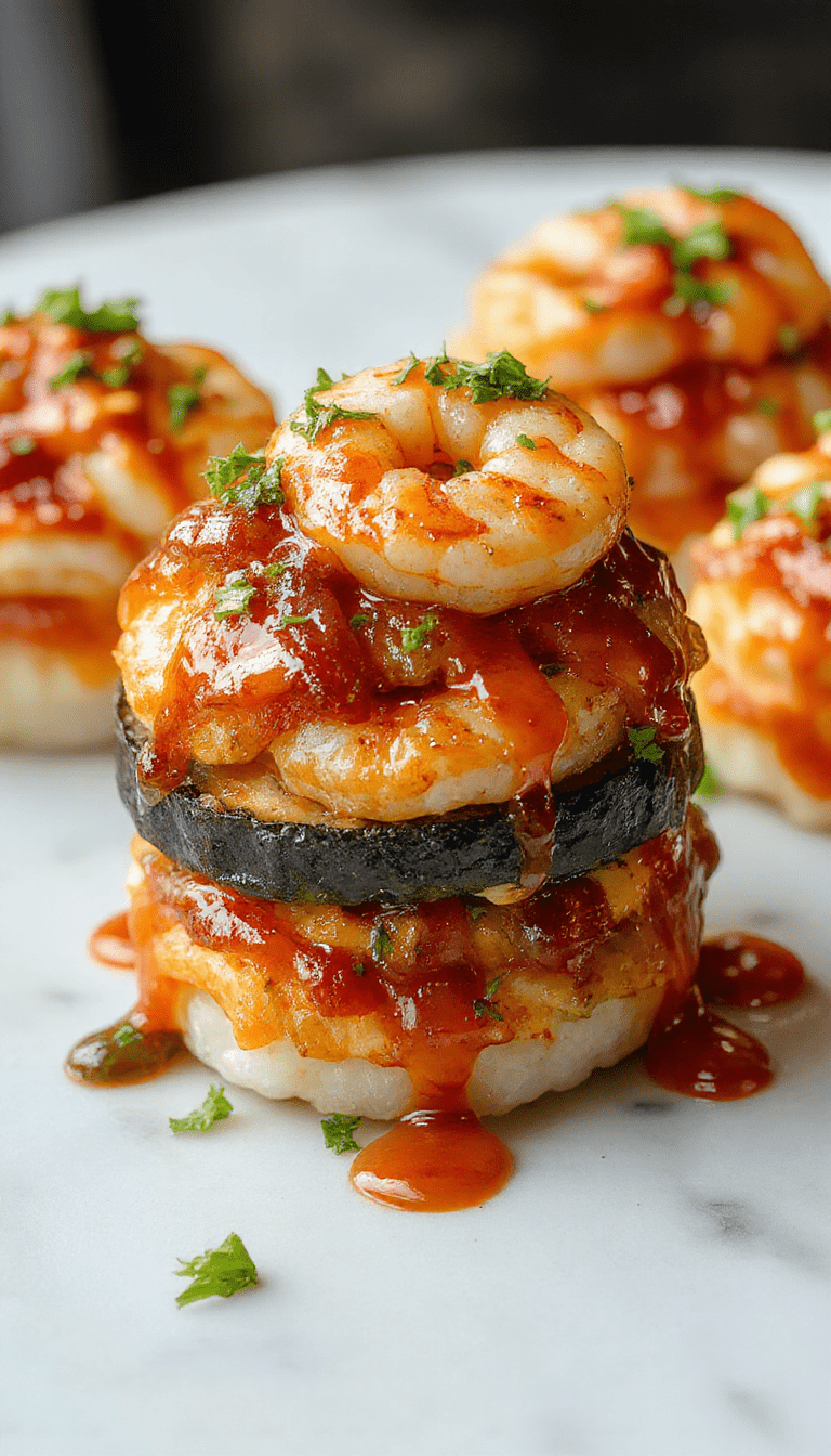 Colorful stacks of sushi featuring bright orange cooked shrimp, vibrant green avocado slices, and white sticky rice layered precisely on a sleek black plate, accented with sesame seeds and thinly sliced green onions, with a drizzle of spicy mayo creating an enticing visual appeal.