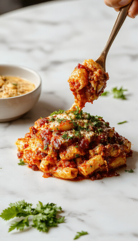 A vibrant bowl of spicy southern chicken spaghetti casserole showcasing tender chicken slices and melted cheese on top, garnished with chopped green onions, with a side of fresh greens, set on a rustic wooden table with warm afternoon lighting.