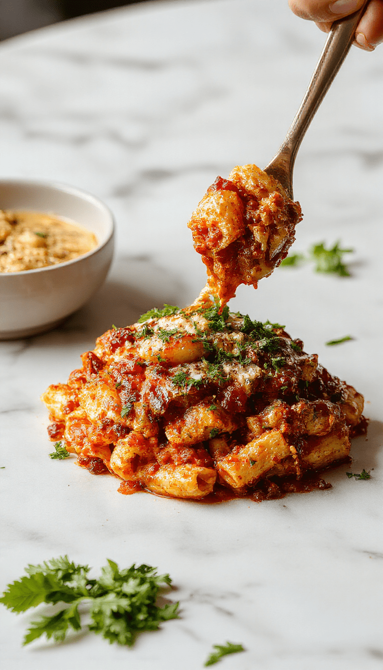 A vibrant bowl of spicy southern chicken spaghetti casserole showcasing tender chicken slices and melted cheese on top, garnished with chopped green onions, with a side of fresh greens, set on a rustic wooden table with warm afternoon lighting.