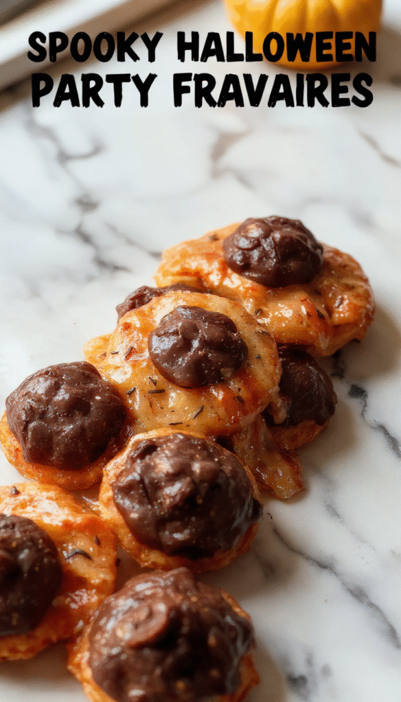 A vibrant Halloween party table featuring a variety of colorful, spooky themed dishes and desserts. Bright orange, black, and purple decorations surround plates of creatively presented treats like ghost cupcakes, monster eyeball poops, and spooky finger foods with creepy edible accents, all styled with festive Halloween decor, casting a playful and eerie atmosphere.