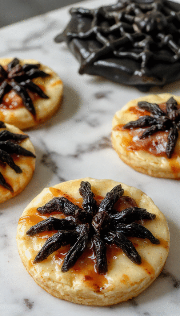 Colorful Halloween themed appetizers arranged on a dark platter with ghost, pumpkin, and spider motifs. Bright orange, green, and black ingredients create a spooky yet festive look with textures from crunchy to creamy, garnished with spooky edible decorations and themed garnishes.