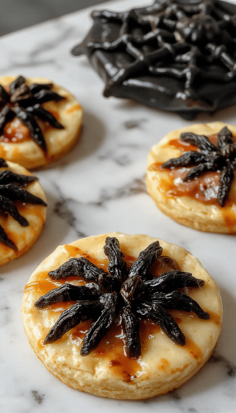 Colorful Halloween themed appetizers arranged on a dark platter with ghost, pumpkin, and spider motifs. Bright orange, green, and black ingredients create a spooky yet festive look with textures from crunchy to creamy, garnished with spooky edible decorations and themed garnishes.
