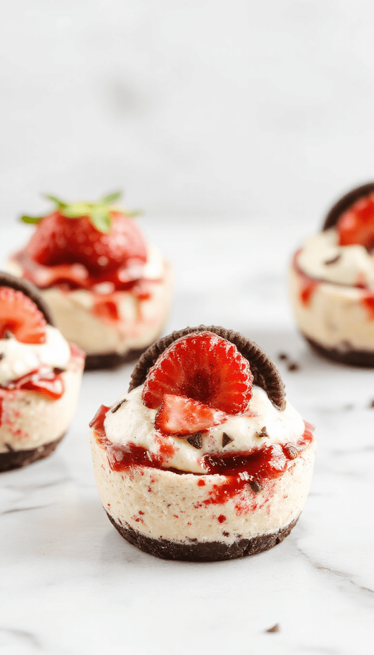 Colorful cheesecake cups featuring layers of creamy cheesecake filling with fresh strawberry slices and crushed Oreo cookie crumbs on top, garnished with whole strawberries and a sprig of mint, arranged in clear glass cups on a rustic wooden table with a beautifully styled dessert setting.