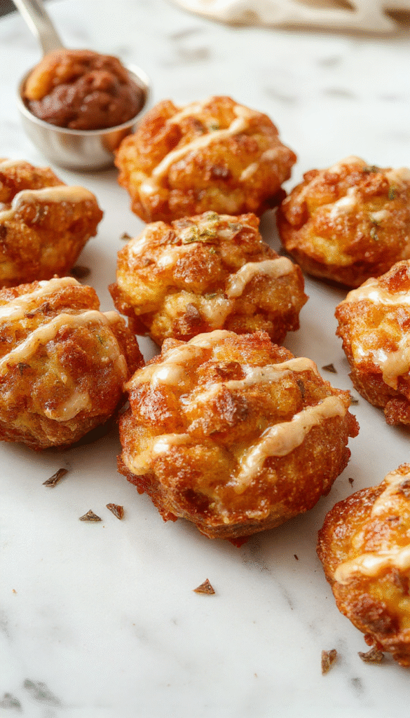 Colorful and inviting apple fritter bites arranged on a white plate, featuring golden-brown crispy exterior with visible cinnamon-spiced apple chunks, garnished with powdered sugar and a drizzle of caramel. The background showcases a rustic wooden table with fresh apple slices and a cinnamon stick, styled with a sprinkle of powdered sugar for a cozy, homemade feel.